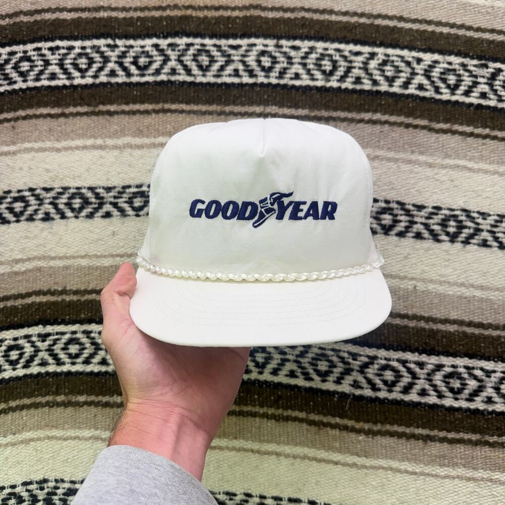 Vintage 90's Goodyear Tires Car Racing White Blue Roper Snapback Hat Cap VTG